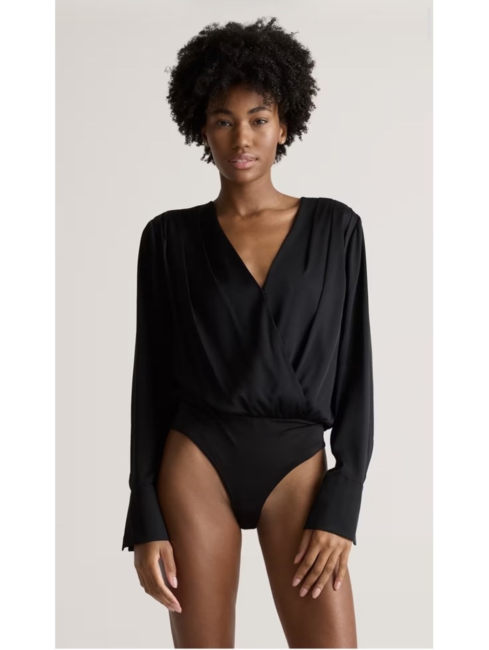 Excellent Quince black washable Stretch Silk Surplice Bodysuit long sleeve xl
